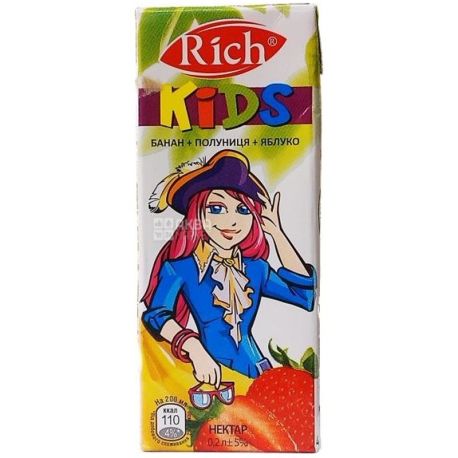 Rich Kids, Банан-клубника-яблоко, 0,2 л, Рич Кидс, Нектар натуральный, детям с 12-ти месяцев