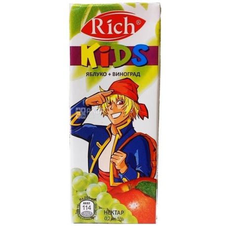 Rich Kids, Яблоко-виноград, 0,2 л, Рич Кидс, Нектар натуральный, детям с 12-ти месяцев