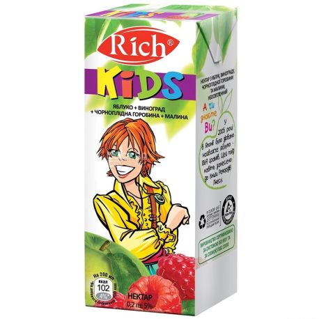 Rich Kids, Яблоко-виноград-черноплодная рябина-малина, 0,2 л, Рич Кидс, Нектар натуральный, детям с 12-ти месяцев