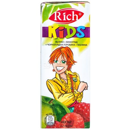 Rich Kids, Яблуко-виноград-чорноплідна горобина-малина, 0,2 л, Річ Кідс, Нектар натуральний, дітям з 12-ти місяців