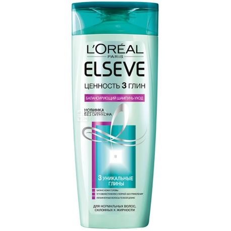 L'Oreal Elseve, 400 мл, Шампунь для нормального волосся схильного до жирності, Цінність 3 глини