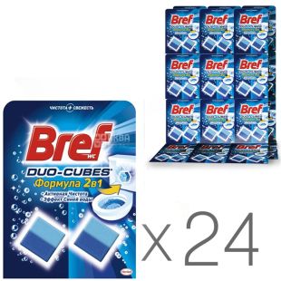 Bref Duo-Cubes, 2 х 50 г, Упаковка 24 шт., Кубики для чищення унітазу, ефект синьої води