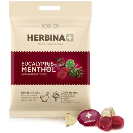 Roshen, 80 г, карамель, Herbina, Эвкалипт-ментол, С мятой и соком вишни, м/у