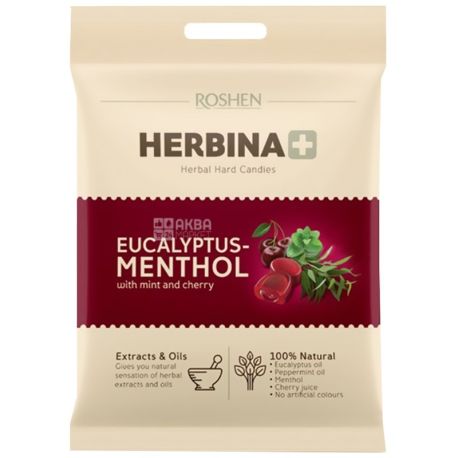 Roshen, 80 г, карамель, Herbina, Эвкалипт-ментол, С мятой и соком вишни, м/у
