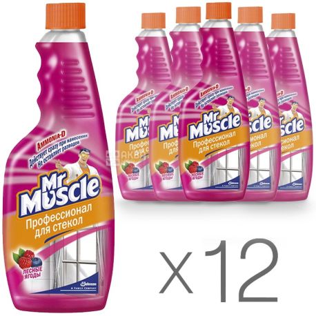 Mr. Muscle, 12 упаковок по 500 мл, Запасний флакон, Для миття скла, Лісові ягоди