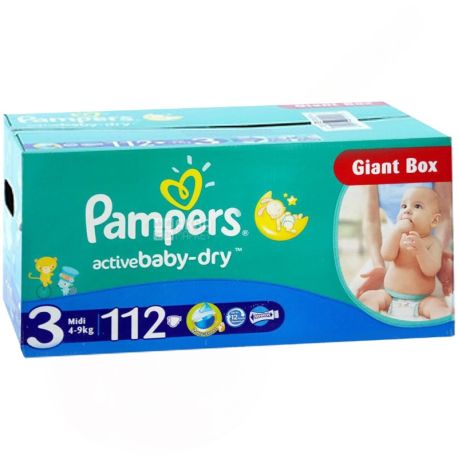Pampers Active Baby Dry, 112 шт., Памперс, Підгузки-трусики, Розмір 3, 4-9 кг