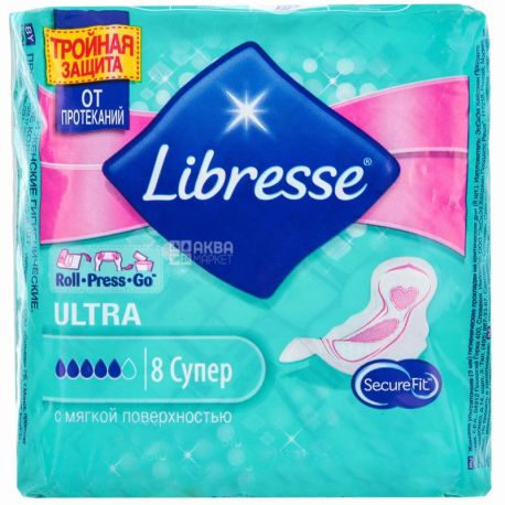 Libresse, Ultra Invisible Super Soft, 8 шт., Прокладки гигиенические, 5 капель