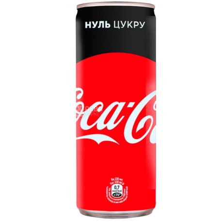 Coca-Cola Zero, Упаковка 12 шт. по 0,33 л, Кока-Кола Зеро, Вода сладкая, низкокалорийная, ж/б