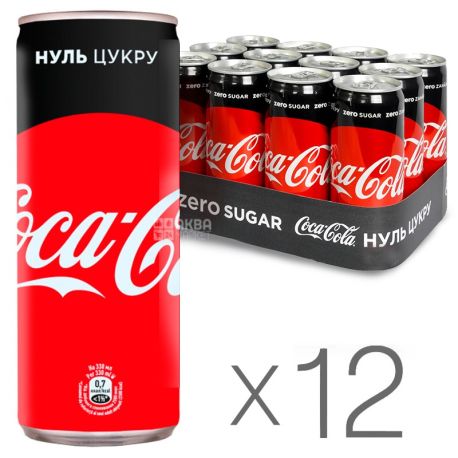 Coca-Cola Zero, Упаковка 12 шт. по 0,33 л, Кока-Кола Зеро, Вода сладкая, низкокалорийная, ж/б