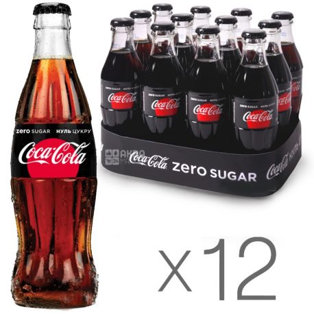 Coca-Cola Zero, Упаковка 12 шт. по 0,25 л, Кока-Кола Зеро, Вода сладкая, низкокалорийная, стекло