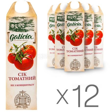 Galicia, Томатный, Упаковка 12 шт. по 1 л, Галиция, Сок натуральный, прямого отжима