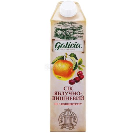  Galicia, Яблучно-вишневий, Упаковка 12 шт. по 1 л, Галіція, Сік натуральний, без додавання цукру