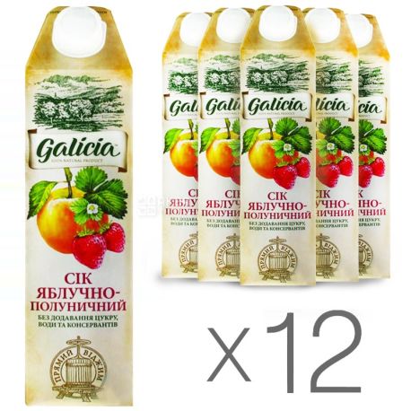 Galicia, Яблучно-полуничний, Упаковка 12 шт. по 1 л, Галіція, Сік натуральний, без додавання цукру