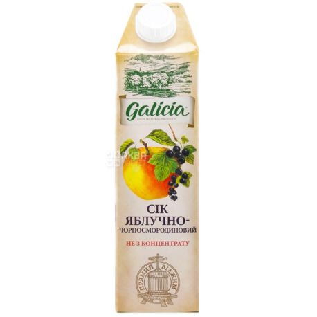 Galicia, Яблочно-черносмородиновый, Упаковка 12 шт. по 1 л, Галиция, Сок натуральный, без добавления сахара