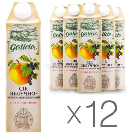 Galicia, Яблочно-черносмородиновый, Упаковка 12 шт. по 1 л, Галиция, Сок натуральный, без добавления сахара