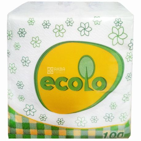 Ecolo, 100 шт., Салфетки столовые Эколо, однослойные, 24х24 см, белые