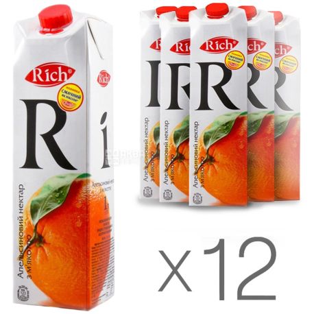 Rich, Апельсиновый, Упаковка 12 шт. по 1 л, Рич, Нектар натуральный, с мякотью