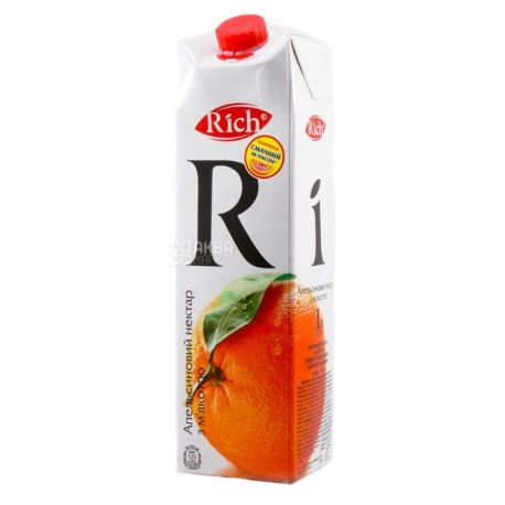 Rich, Апельсиновый, Упаковка 12 шт. по 1 л, Рич, Нектар натуральный, с мякотью