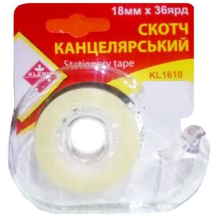 Скотч канцелярський прозорий з диспенсером, 18 мм х 32 м, ТМ Klerk
