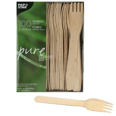 PapStar, 100 pieces, 16,5 cm, wooden fork