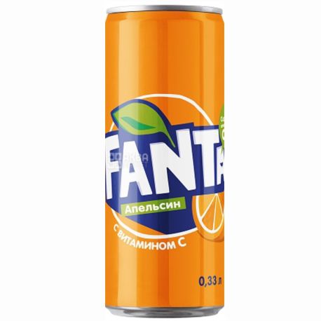 Fanta, Апельсин, 0,33 л, Фанта, Вода сладкая, с натуральным соком, ж/б
