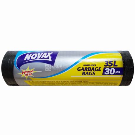 Novax Plus, 30 шт., 35 л, Пакети для сміття Новакс Плюс, без затягувань, суперміцні, асорті