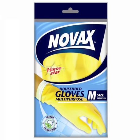 Novax, Home Star, 1 пара, Розмір М, Рукавички гумові господарські, міцні, жовті
