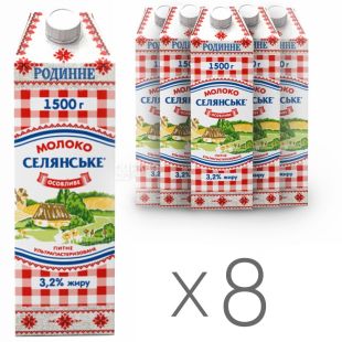 Селянське, Упаковка 8 шт. по 1,5 л, 3,2%, Молоко, Особливе, Родинне, Ультрапастеризованное