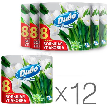 Диво Econom, Упаковка 12 шт. по 8 рул., Туалетний папір, Економ, 2-х шаровий