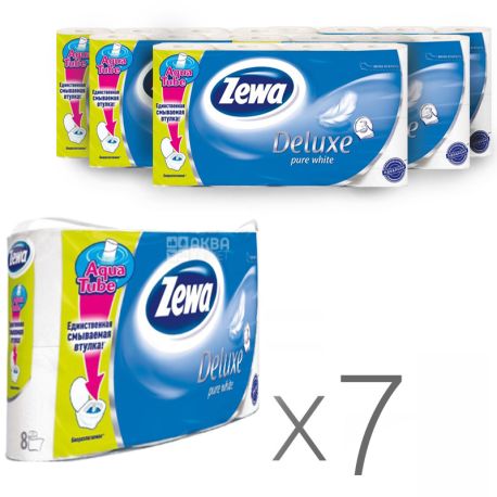 Zewa Deluxe Delicate Care, Упаковка 7 шт. по 8 рул., Туалетний папір Зева Делюкс, Делікатна Турбота, 3-х шаровий