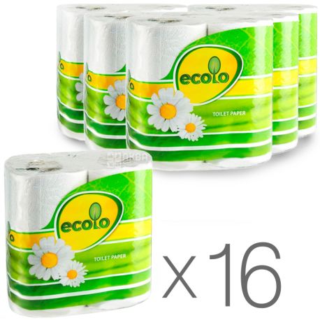 Ecolo, Упаковка 16 шт. по 4 рул., Туалетний папір Еколо, 2-х шаровий