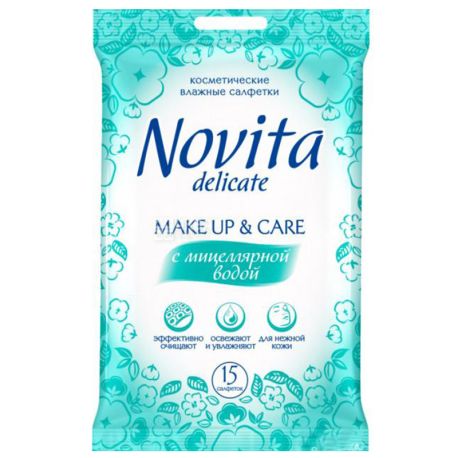 Novita, 15 шт., Серветки для зняття макіяжу Новіта, Вологі, З міцелярною водою, для догляду за шкірою