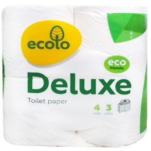 Ecolo, Deluxe, 4 рул.,Туалетная бумага Эколо Делюкс, 3-х слойная