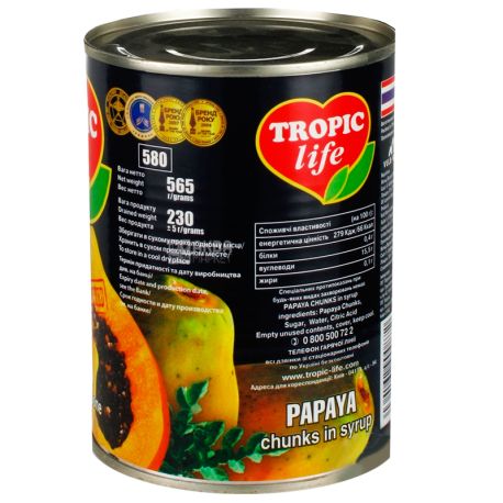 Tropic Life, 565 г, Папайя, Кусочки в сиропе