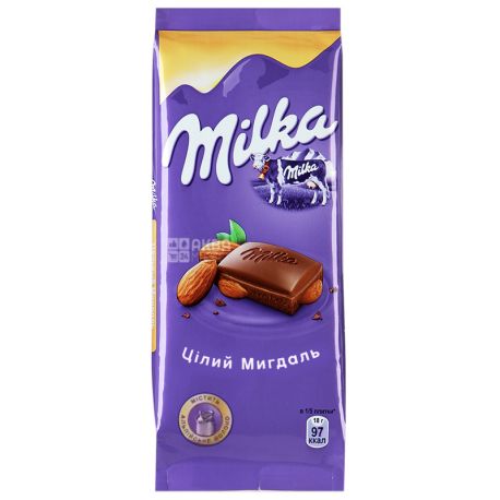 Milka, 90 г, Молочный шоколад, С цельным миндалем