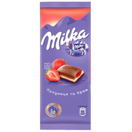 Milka, 90 г, Молочний шоколад, Полуниця та крем