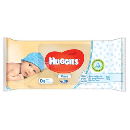 Huggies Pure, 56 шт., Дитячі серветки, Вологі