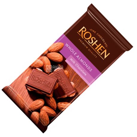 Roshen, 90 г, Шоколад молочний, З цільним мигдалем