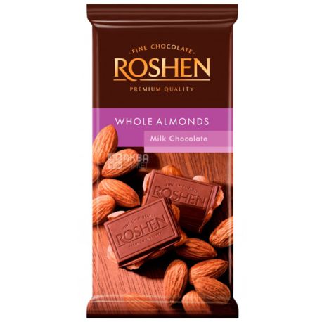 Roshen, 90 г, Шоколад молочний, З цільним мигдалем