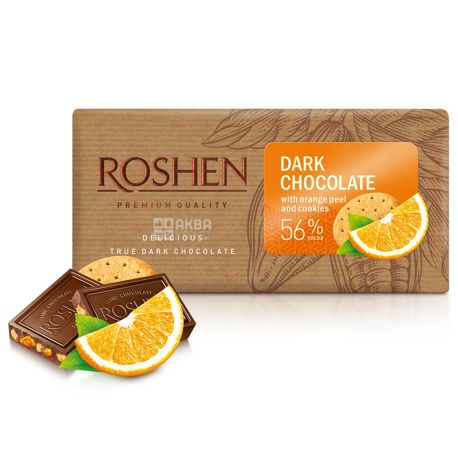 Roshen, 90 г, 56%, Шоколад черный, С апельсиновой цедрой и печеньем 