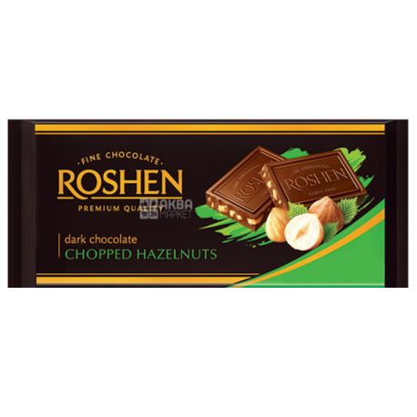 Roshen, 90 g, 56%, Black chocolate, With chopped hazelnuts