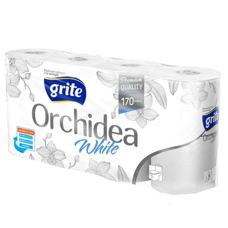 Grite Orchidea White Premium, 8 рул., Туалетная бумага Грите Орхидея Вайт Премиум, 3-х слойная