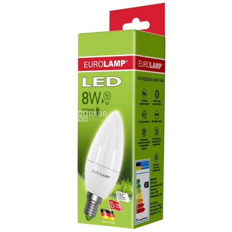 Eurolamp LED, Лампа світлодіодна Свічка, цоколь Е14, 8W, 4000K, 220 V, нейтральне біле світло, 690lm