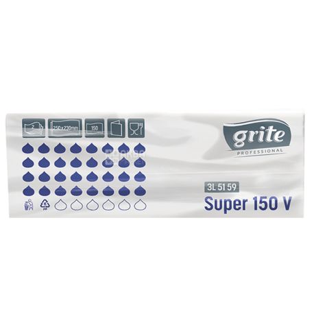 Grite, Super, 150 листов, Полотенца бумажные Грите, 2-х слойные, белые, 25х23 см