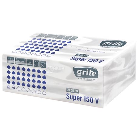 Grite, Super, 150 листов, Полотенца бумажные Грите, 2-х слойные, белые, 25х23 см