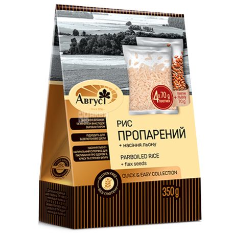 Август, 0,35 кг, Рис пропаренный в пакетиках, 4 пак по 70 г + пакетиках 70 г с семенами льна в подарок