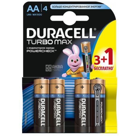 Duracell, AA, 3 + 1 pcs., Batteries, Turbo MAX