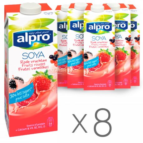 Alpro, Soya Fruit Rouges, Упаковка 8 шт. по 1 л, Алпро, Соєве молоко, Червоні фрукти, з кальцієм, вітамінізоване