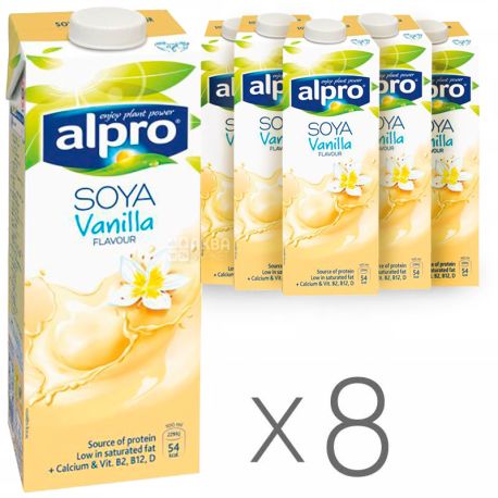 Alpro, Soya Vanilla, Упаковка 8 шт. по 1 л, Алпро, Соєве молоко з ваніллю, вітамінізоване