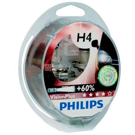Philips, 2pcs, Halogen Lamp, VisionPlus H4, Blister